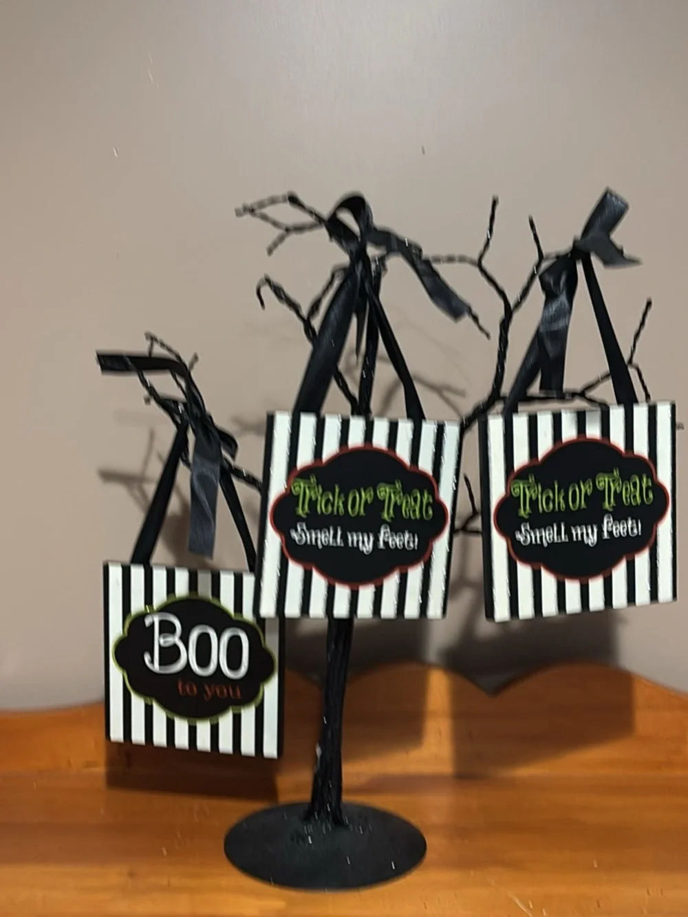 Halloween Trick or Treat Hanging tree with ornaments Black & White Stripe